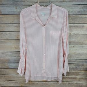 ❤J. Jill Women's Button Front Shirt Large Pink White Striped Long Sleeve